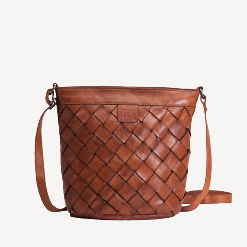 [Spain BIBA] Lewisburg Lei2l cowhide hand-woven shoulder bag- Brown Coffee - Drawstring Bags - Genuine Leather Brown