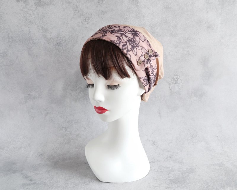 日本製 2way 医療用ヘアターバン ボタン付きサッシュベルト 花柄 くすみピンク パウダーベージュ - 髮夾/髮圈 - 棉．麻 粉紅色