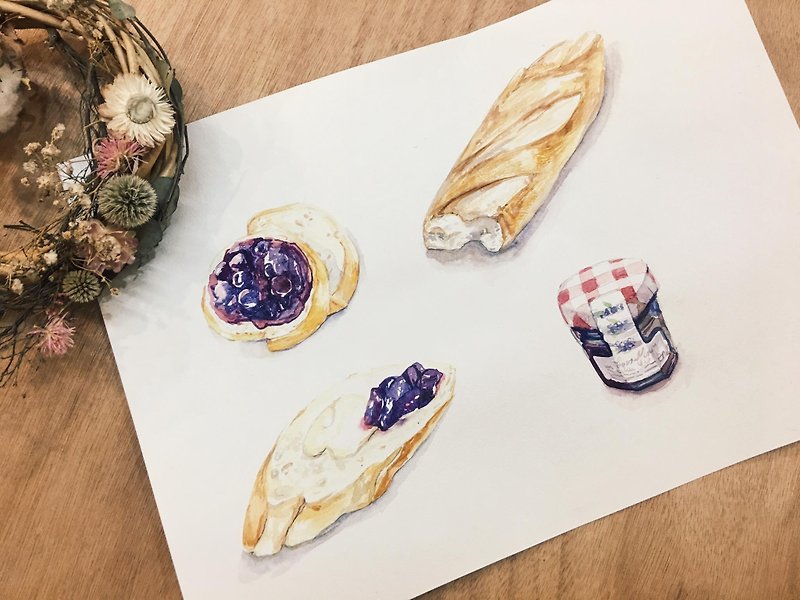 Experience the event. Watercolor Experience Lesson / French Bread with Bonne Maman Jam - Illustration, Painting & Calligraphy - Paper Multicolor