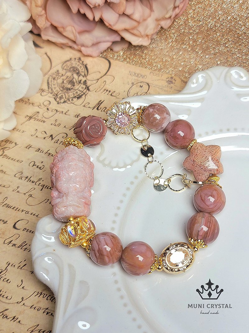 Pink and White Coral Jade Avalokitesvara Bodhisattva Full Pink Blush Bursting Alxa Design - Bracelets - Crystal Pink