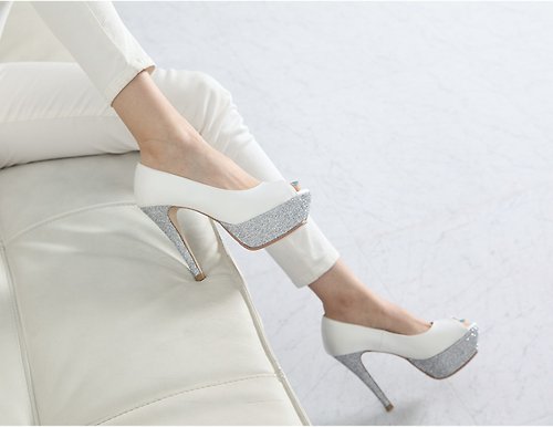 Dahlia Blanc 韓國製緞面開口高跟婚鞋 銀色鞋跟防水台