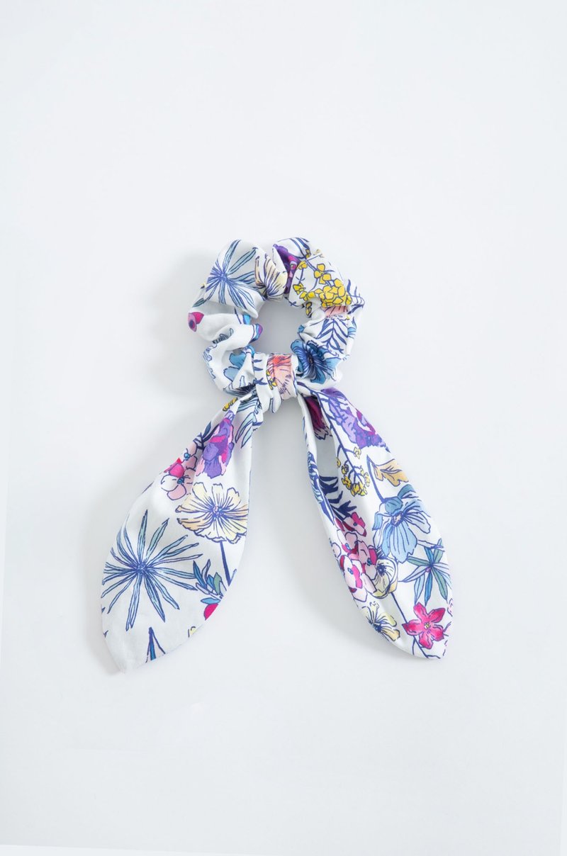 【波麗印花】兔兔耳大腸髮圈 莫代爾棉 淡水色 手作布料 - 髮夾/髮圈 - 棉．麻 藍色