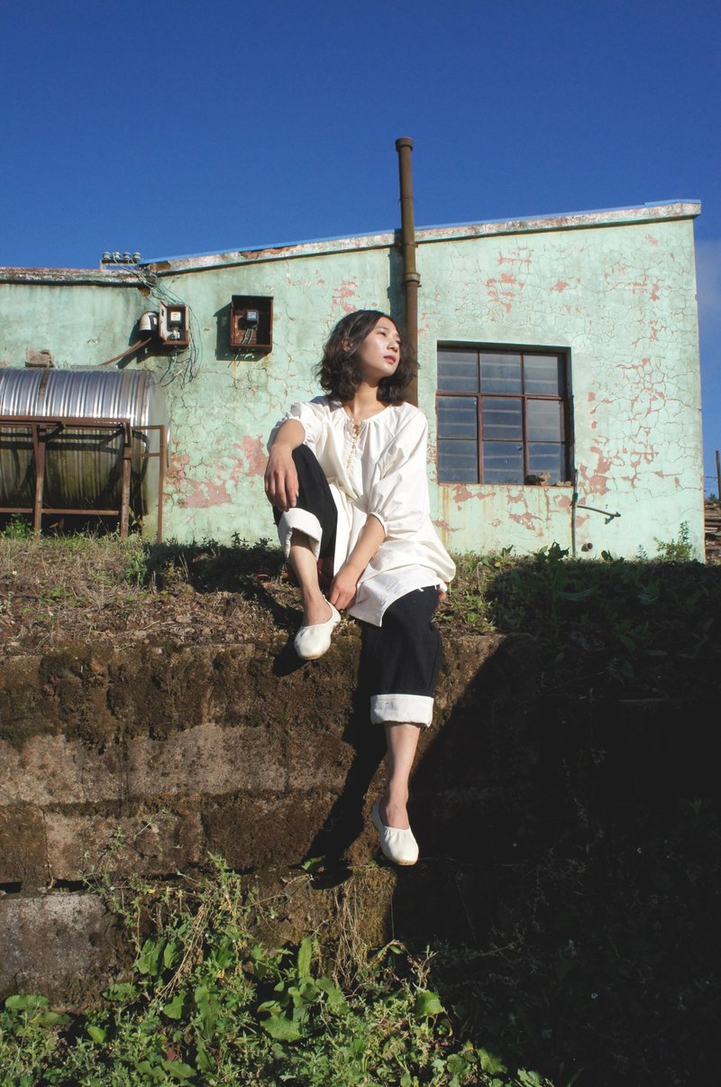 亞麻黑白農夫褲 - 女長褲 - 棉．麻 黑色