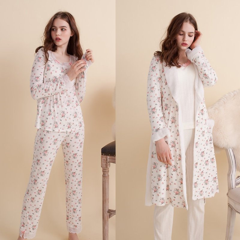 [Three-piece group - suit + robe] no steel ring pajamas Hush [exclusive 2in1] flower 漾 Christmas - Loungewear & Sleepwear - Other Man-Made Fibers White