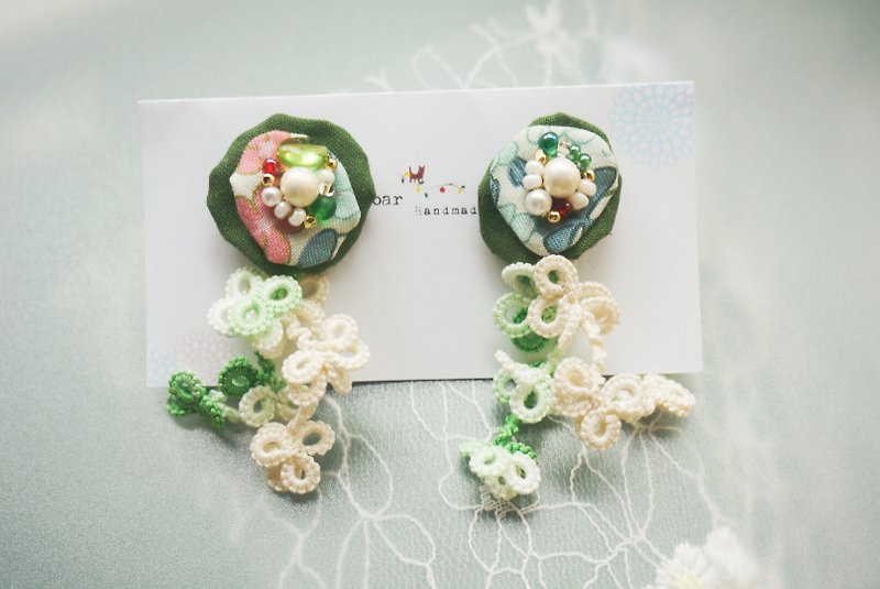 Handmade Earrings, Embroidery Earrings, Cotton  - ต่างหู - ผ้าฝ้าย/ผ้าลินิน สีเขียว