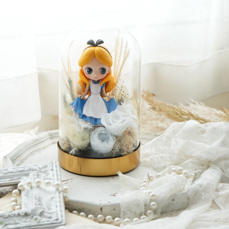 Disney Princess Glass Clock Preserved Flower Glass Cup Alice in Wonderland Birthday Flower Gift - ช่อดอกไม้แห้ง - พืช/ดอกไม้ สีน้ำเงิน