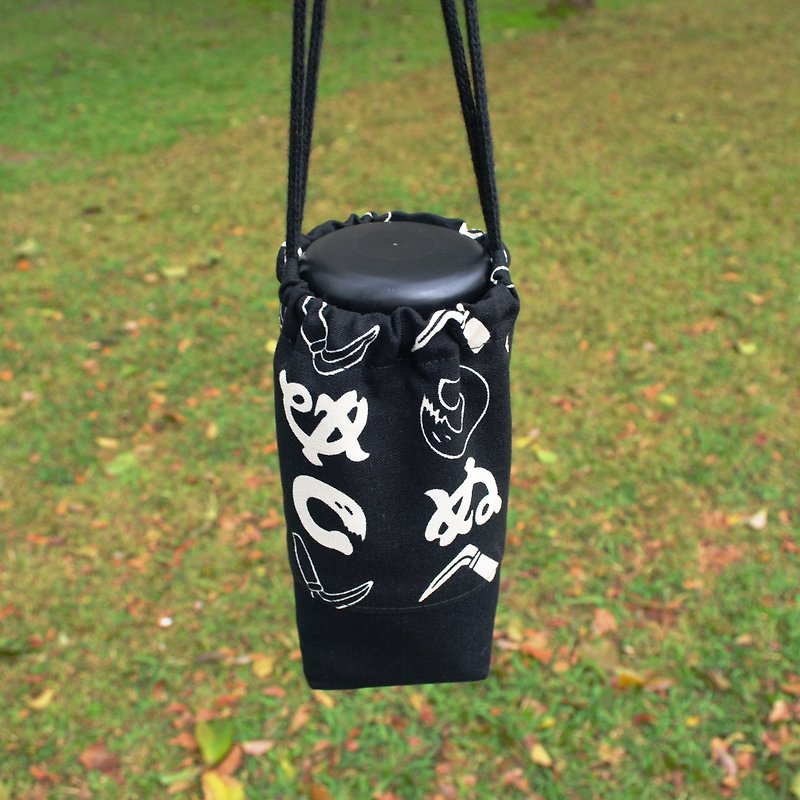 日本家紋束口環保杯袋 飲料提袋 保溫瓶提袋 手作 帆布 方便 - 飲料提袋/杯袋/杯套 - 棉．麻 黑色