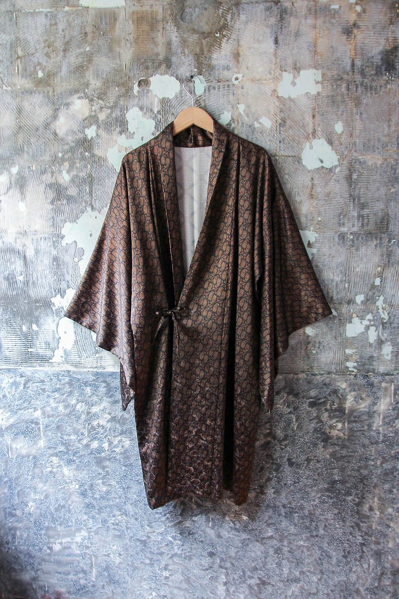 裊裊百貨公司-Vintage 日本緞面變形蟲布花長版羽織外套 復古著 - 女大衣/外套 - 聚酯纖維 