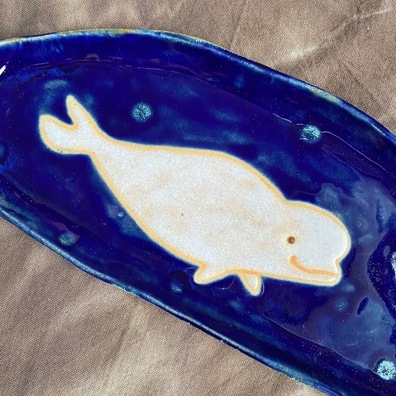 Beluga plate. Pottery plate. Shallow dish. incense sticks stick - จานและถาด - ดินเผา สีน้ำเงิน