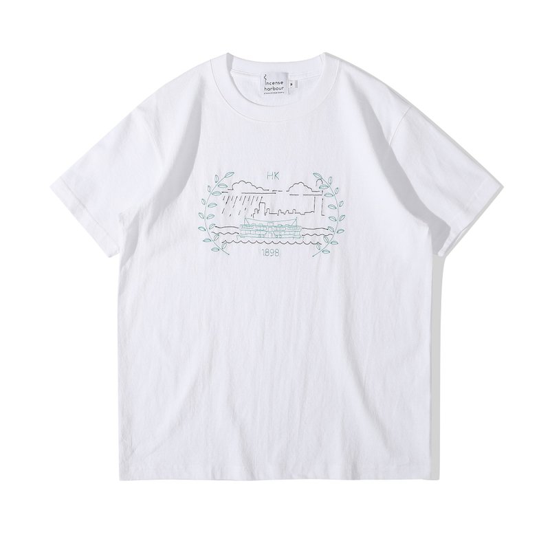 Incense Harbour Embroidery T-shirt- Star Ferry White - เสื้อฮู้ด - ผ้าฝ้าย/ผ้าลินิน ขาว