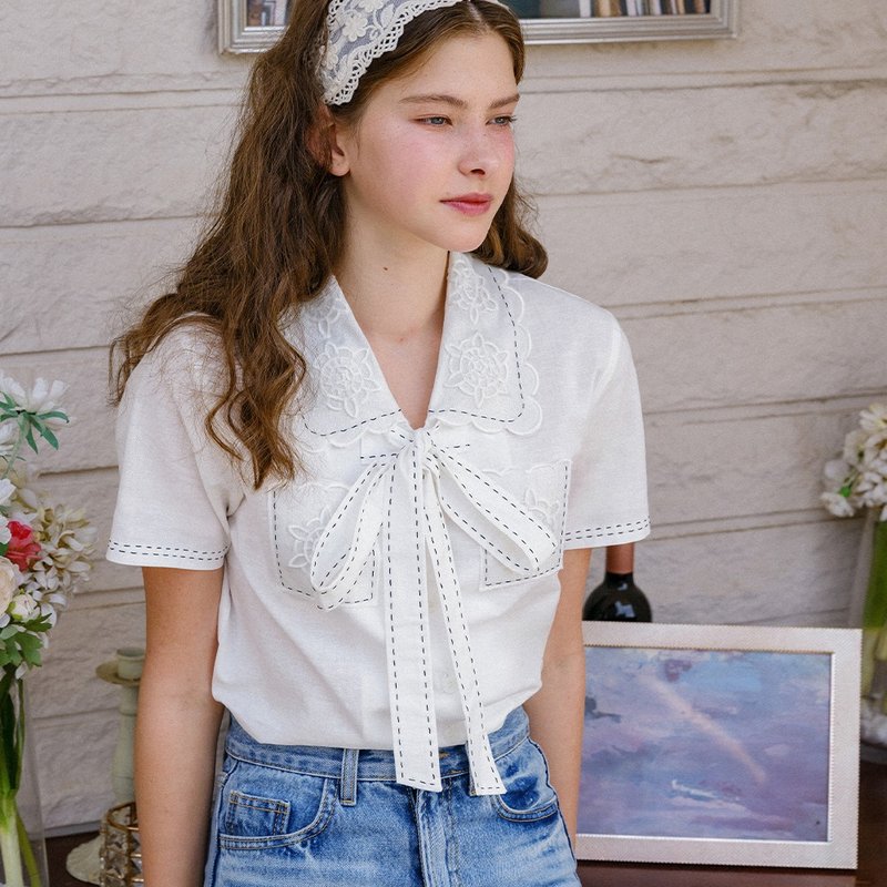 Stitched Flower Embroidered Blouse - Women's Tops - Other Materials White