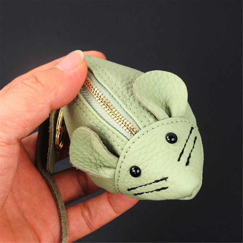 Handmade Cowhide Cute Mouse Coin Change Earphone Storage Pouch - Coin Purses - Genuine Leather Green