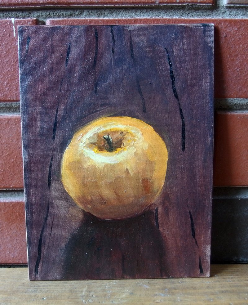 An apple oil painting miniature handmade - yellow apple on the table still life - Wall Décor - Other Materials Brown