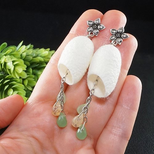 AGATIX Cream White Silk Cocoon Mint Sage Green Chalcedony Flower Drop Earrings Jewelry