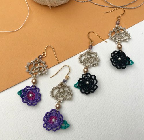 Keng's Design 手織蕾絲花花耳環 禮物 Swarovski水晶珍珠 客製化 耳夾
