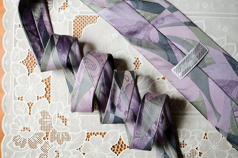 波紋夢露紫綠幾何圓變形蟲雙層印花緞面領帶 #Vintage古著 莞洱 - 領呔/呔夾 - 絲．絹 