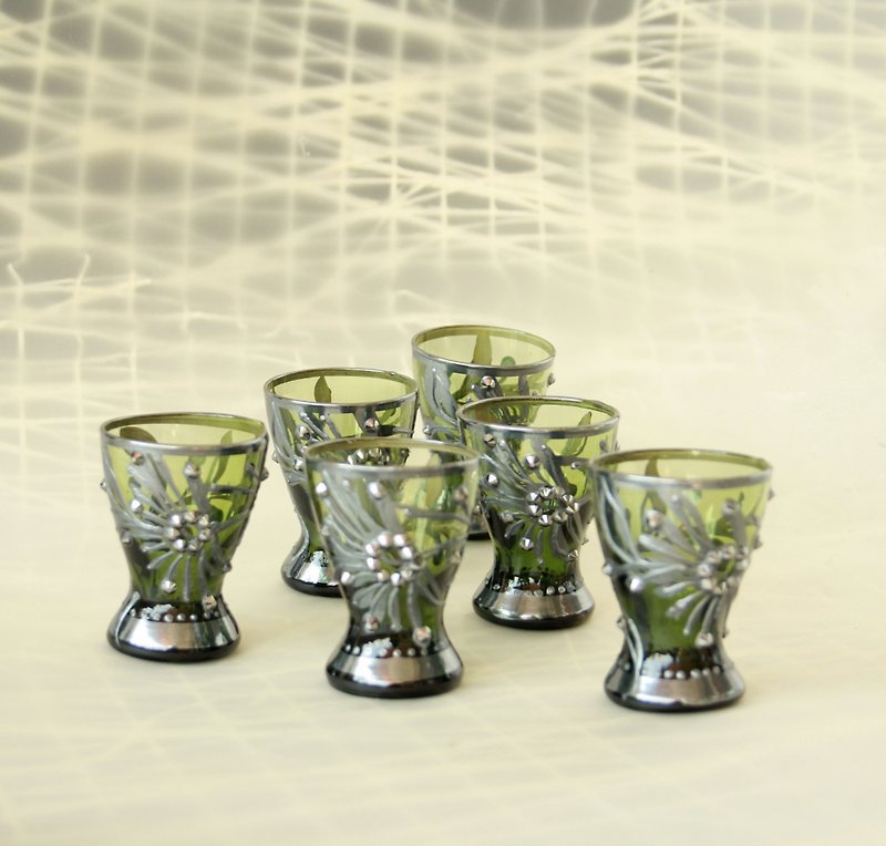 Shot Glasses Sake Green Glass Crystals, hand-painted Set of 6