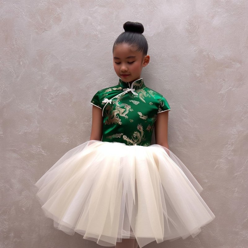 綠寶石色和服緞面連身裙 適合小孩子 象牙色裙子 - 男/女童禮服 - 其他材質 多色