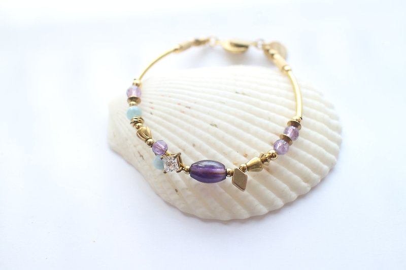 Violet~Amethyst/ aquamarine / zircon/ brass handmade bracelet - Bracelets - Other Metals 