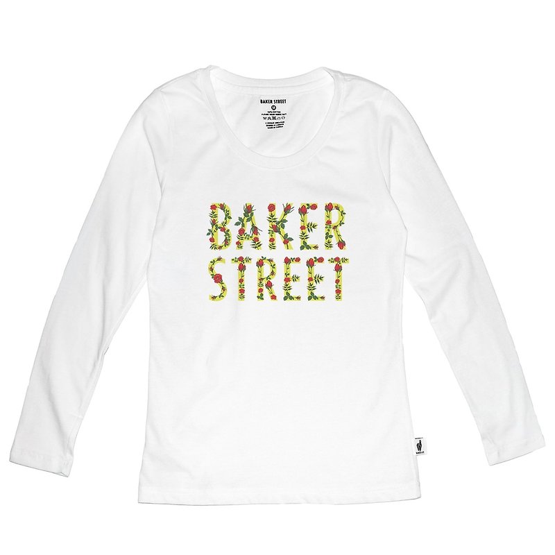 British Fashion Brand [Baker Street] Floral Letters Printed Long Sleeve - Women's Tops - Cotton & Hemp White