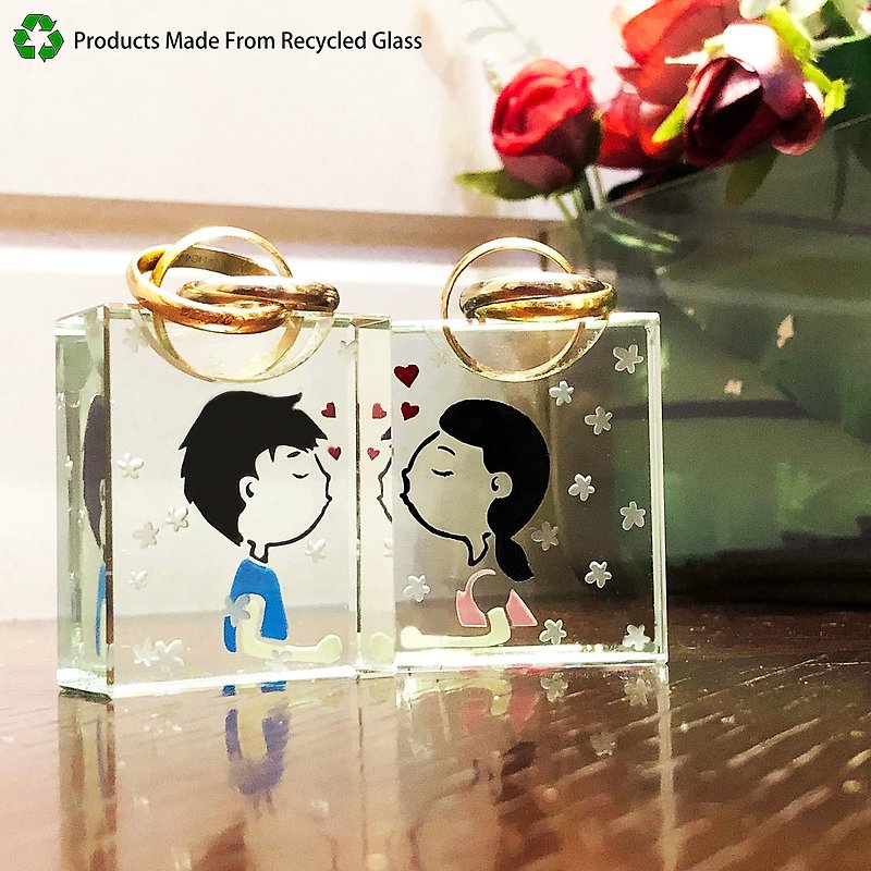 Crystal Glass Ring Holder - Couple ( including casting & coloring names & date ) - Items for Display - Glass Multicolor