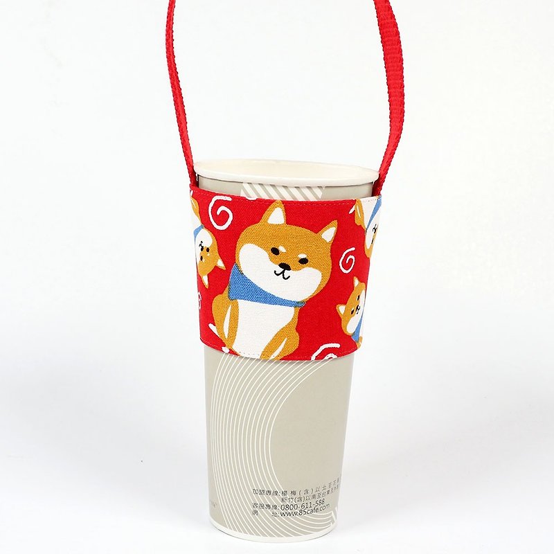 Beverage Cup Holder Environmental Cup Holder Bag-Shiba Inu (Red) - ถุงใส่กระติกนำ้ - ผ้าฝ้าย/ผ้าลินิน สีแดง