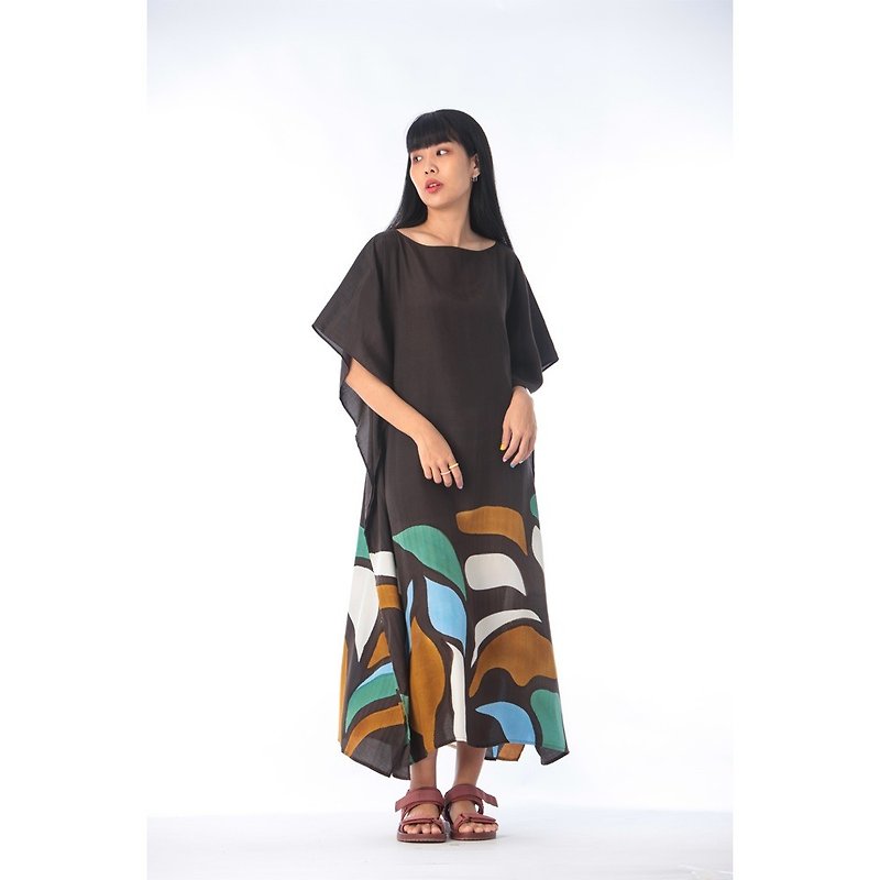 Hand Painted Cotton Silk Kaftan for Summer Resort Vacation Free Size - 連身裙 - 棉．麻 黑色