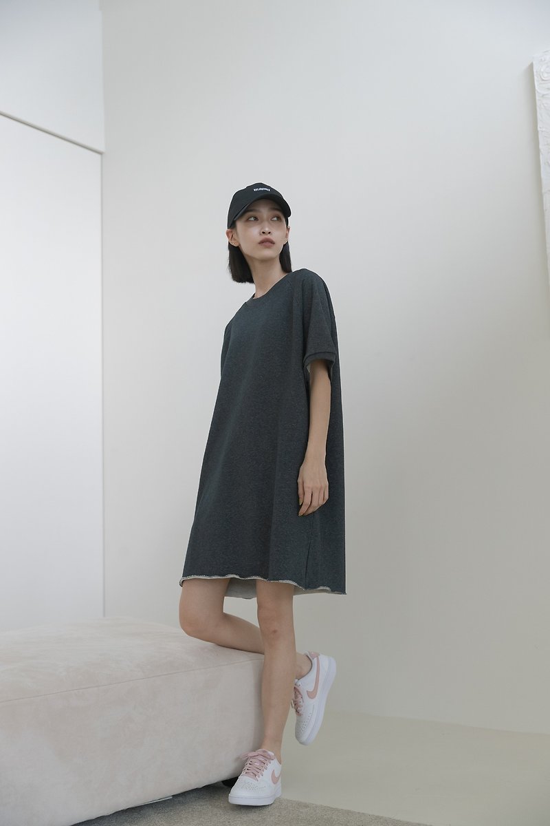 [Brand original] Eva soft unhemmed loose sweatshirt short skirt charcoal gray - ชุดเดรส - ผ้าฝ้าย/ผ้าลินิน สีเทา
