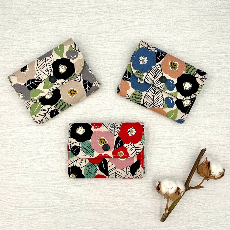 台灣製 日系 山茶花 手作三層零錢拉鍊包 畢業禮物 送禮 - 零錢包/小錢包 - 棉．麻 金色