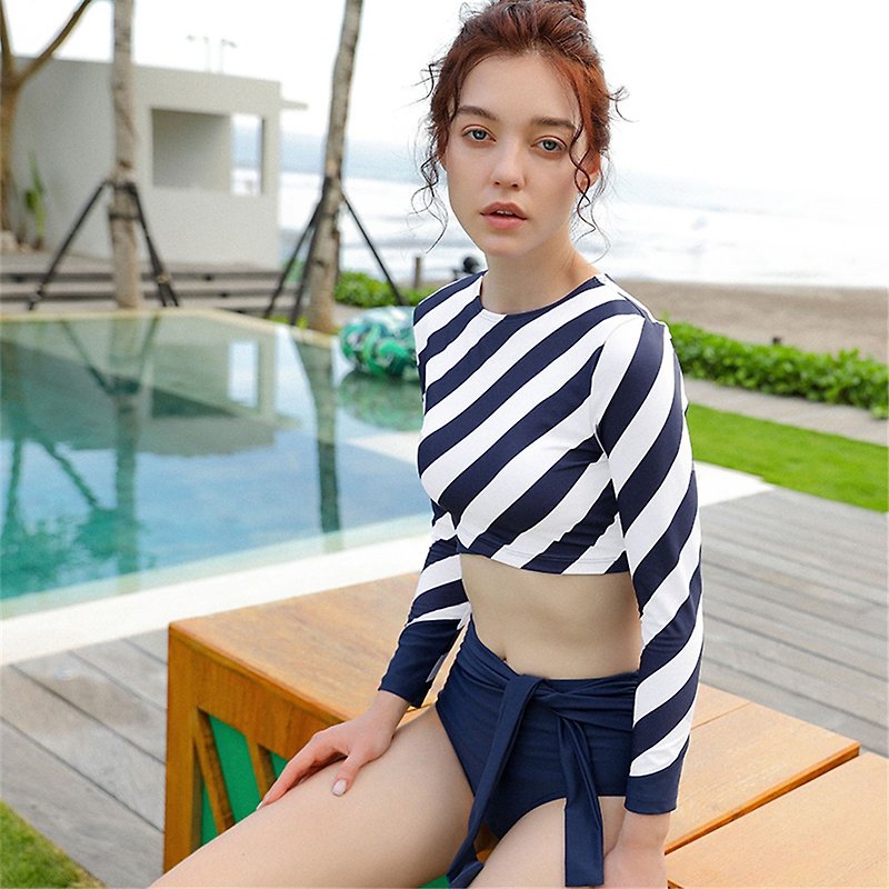 Circlesswim swimsuit 2023 new women's striped split long-sleeved sexy surf diving suit conservative ins style - Women's Swimwear - Other Materials Blue
