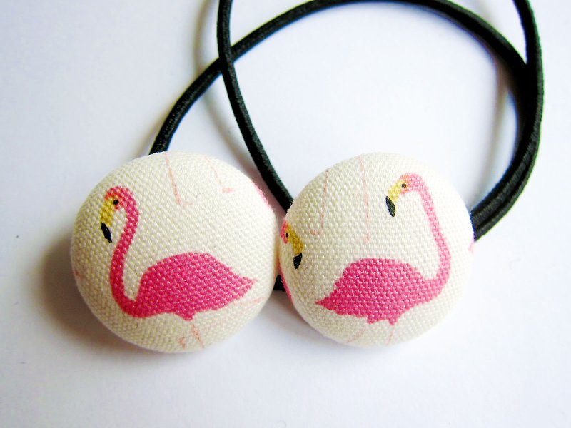 Children's hair accessories hand-made cloth bag button hair bundle hair ring flamingo elastic band hair ring a set of two - เครื่องประดับผม - ผ้าฝ้าย/ผ้าลินิน สึชมพู