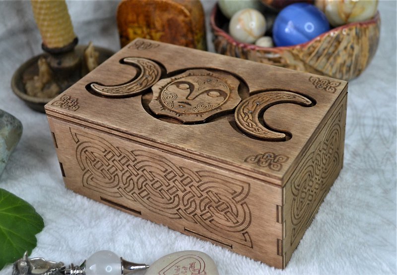 Box with Secret lock. Viking box with Celtic triple moon. Hidden lock box. - Other - Wood Brown