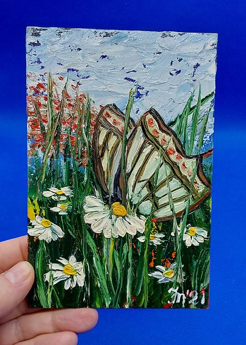 CosinessArt Butterfly on a daisy. A bright romantic picture. Insects. Original oil painting.