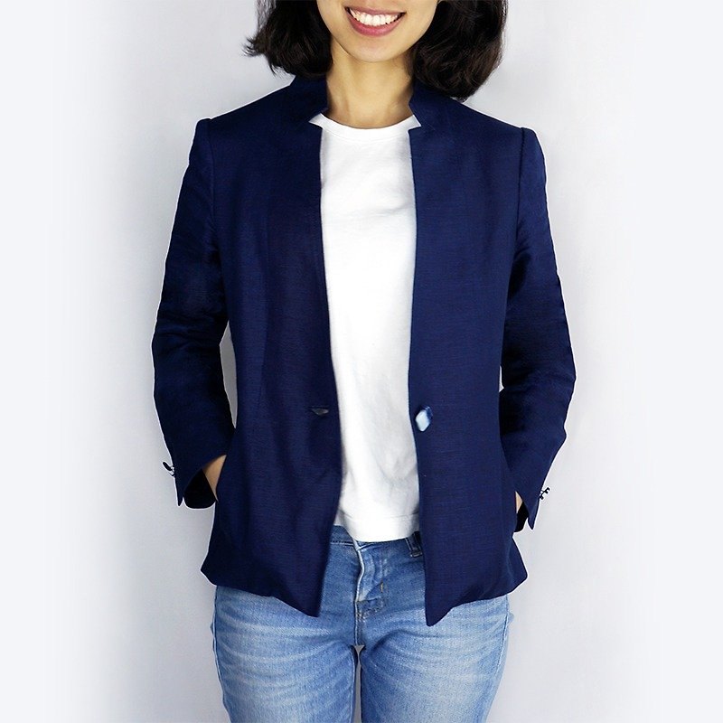 Zhuo Ye Lan Dye-Stand Collar Small Jacket - เสื้อแจ็คเก็ต - ผ้าฝ้าย/ผ้าลินิน สีน้ำเงิน