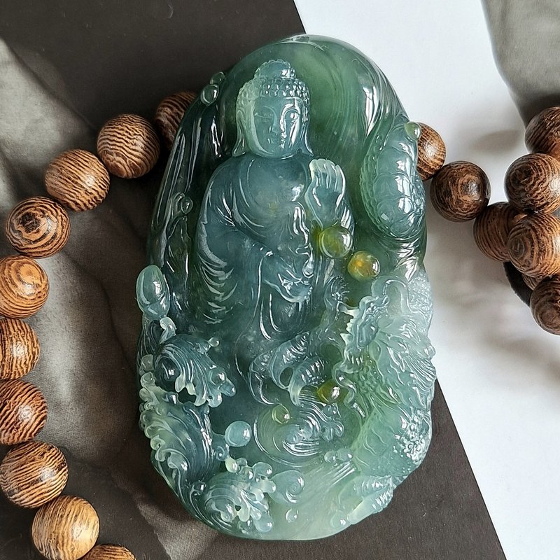 Dragon Protector Buddha Pendant | Natural Burmese Jadeite Jade Pendant - สร้อยคอ - หยก 