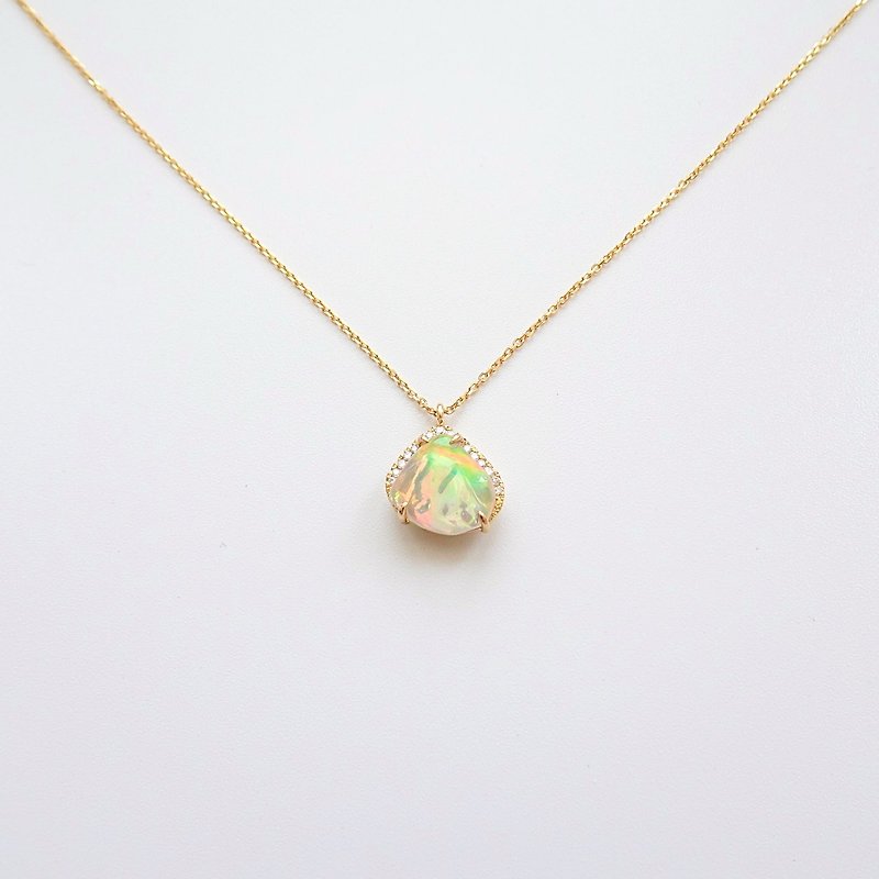 Natural Opal Diamond Halo 18K Solid Yellow Gold Adjustable Necklace 16/18-inch - Necklaces - Gemstone Orange