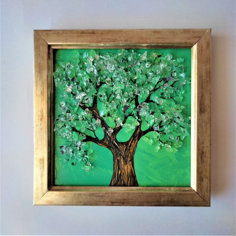 Miniature Tree of Life Wall Decoration Shiny Hanging Picture with Mirror Crumb - ตกแต่งผนัง - อะคริลิค สีเขียว