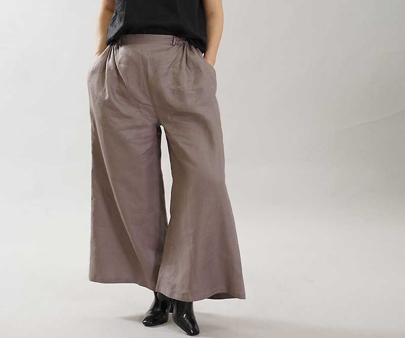 wafu Linen wide patns / long length / elastic waistbelt / mocha b010a-vay1 - กางเกงขายาว - ผ้าฝ้าย/ผ้าลินิน สีเทา