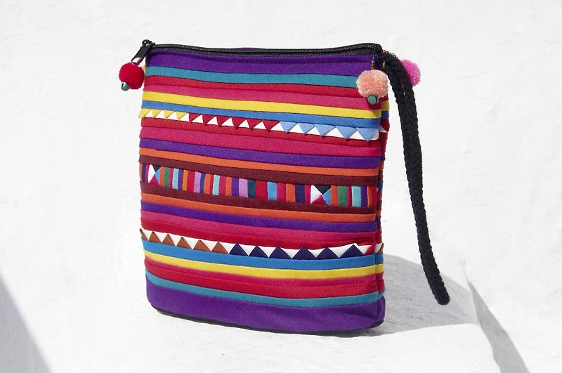 Christmas gift creative gift exchange gift limited one design handmade cotton cosmetic bag / storage bag / small bag / sundries bag / mobile phone bag / travel clutch / ethnic bag / camera bag-rainbow color patchwork of the world - Clutch Bags - Cotton & Hemp Multicolor