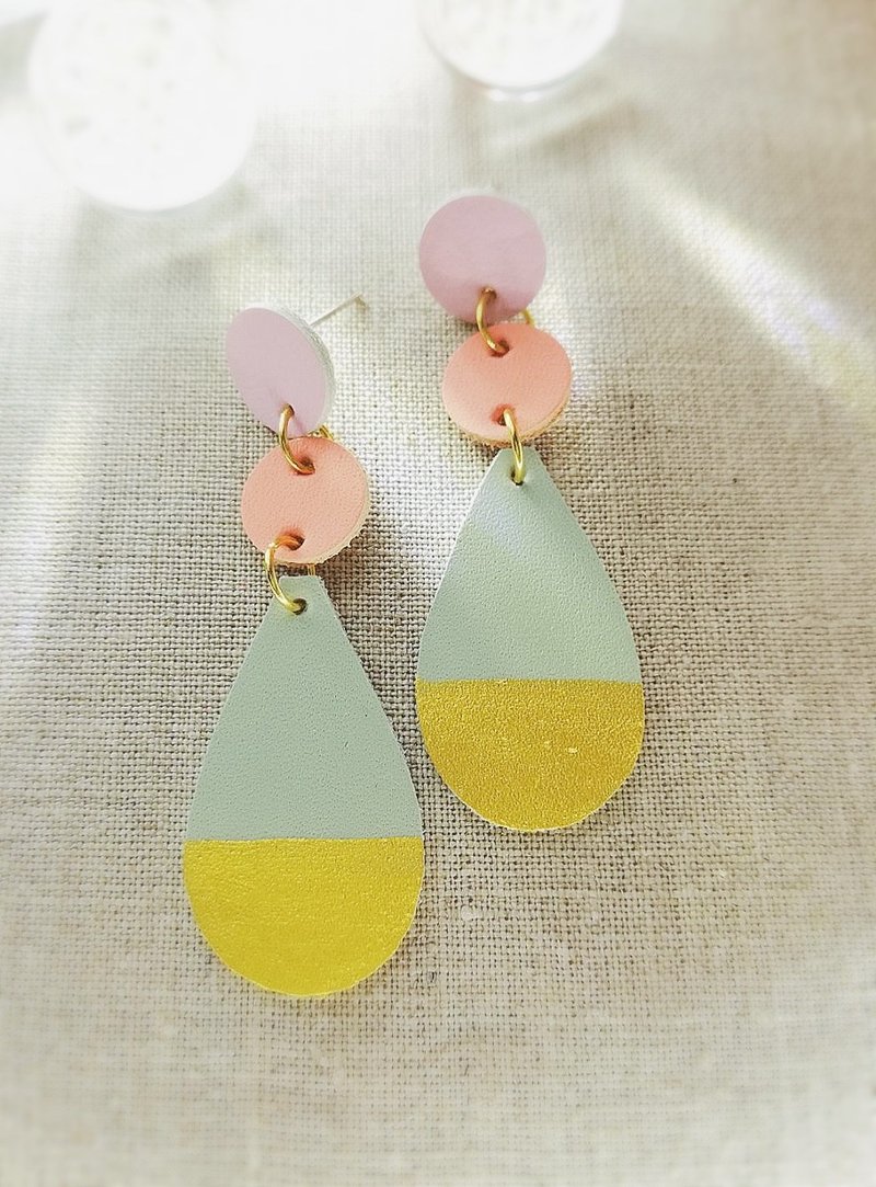 Handmade  geometric leather blue gold pink orange - 耳環/耳夾/耳骨夾 - 真皮 多色