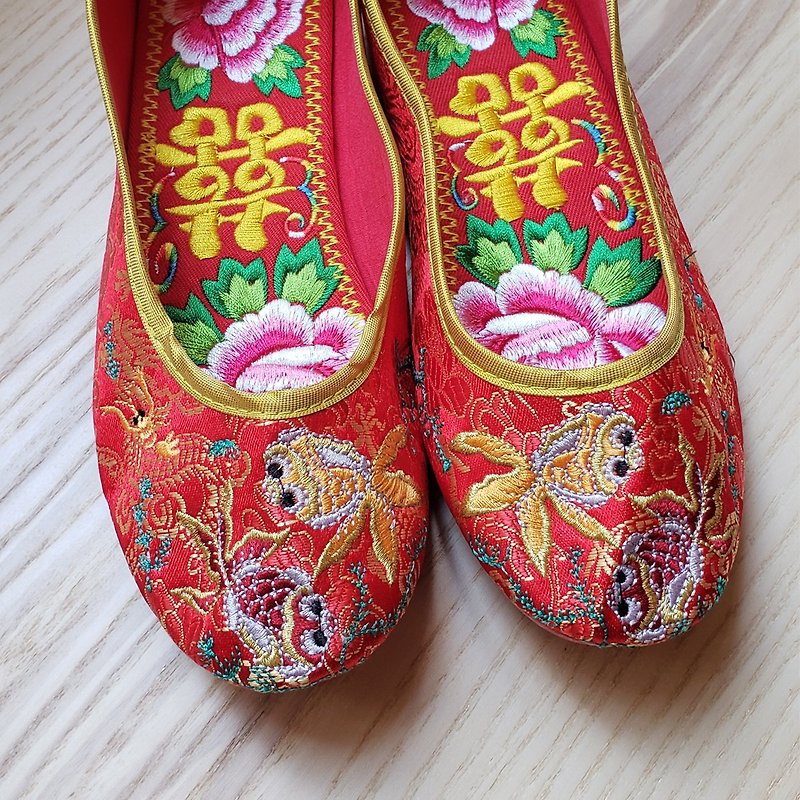 Traditional Handmade Red Goldfish Wedding Flat Shoes KW11201704 ** Free Gift ** - Women's Casual Shoes - Cotton & Hemp Red