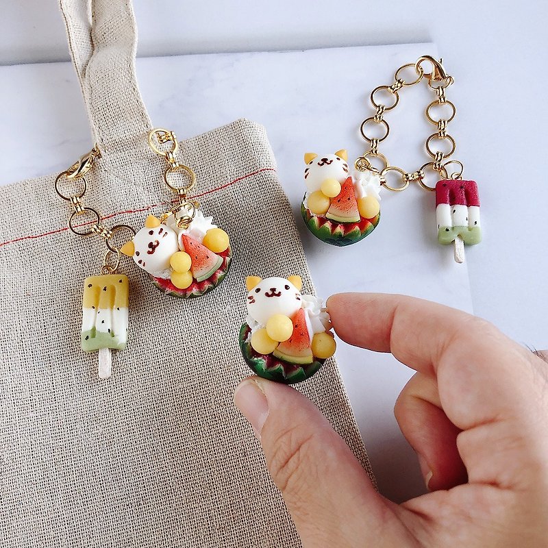 [Order-to-Order] Cat Watermelon Cup Hanging Chain / Charm Resin Clay - Charms - Clay Green