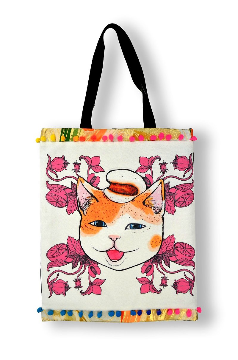 GOOKASO 雙面購物袋 TOTE BAG 米白薏米貓咪 棉麻印花圖案 背面日本和服織錦綢緞 綴彩色小球花邊 - 其他 - 棉．麻 白色