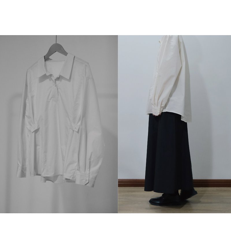 Autumn minimalist split pullover off-white long-sleeved shirt - Women's Shirts - Cotton & Hemp White