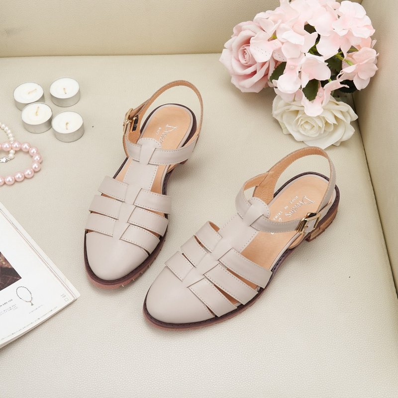 Fisherman_Fishbone braided low heel sandals light apricot - รองเท้ารัดส้น - หนังแท้ ขาว