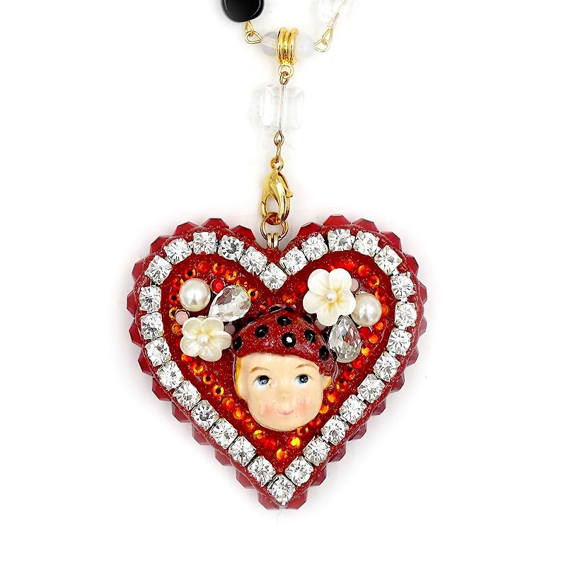 [Cupid Series] Purely handmade red heart-shaped boy's long bead necklace decorated with Swarovski crystals - สร้อยคอ - วัสดุอื่นๆ สีแดง