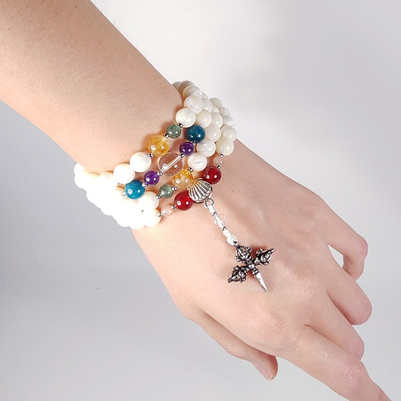 Natural Clamshell Spiritual Cross Vajra Rainbow 108 Bracelet Rosary Custom 8mm Energy - Bracelets - Gemstone Multicolor