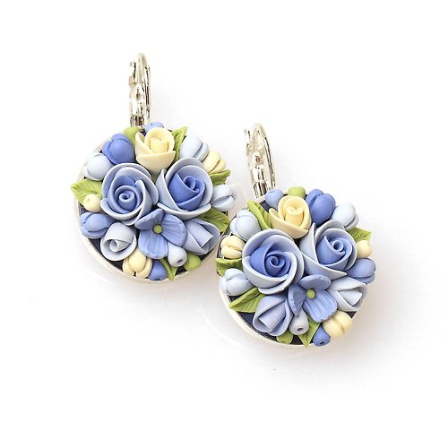 KittenUmka Flower Earrings Rose Earrings Blue Drop Earrings Floral Polymer Clay Jewelry