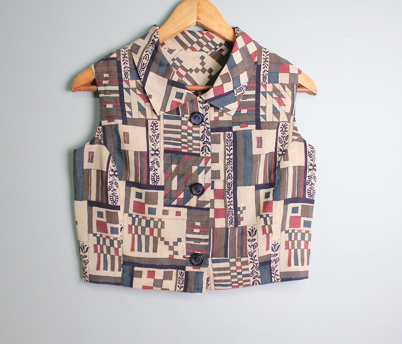 FOAK vintage geometric color small collar vest - เสื้อกั๊กผู้หญิง - วัสดุอื่นๆ 
