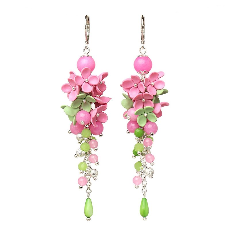 Pink Flower Earrings Foral Earrings Polymer Clay Jewelry Dangle Earrings - ต่างหู - ดินเหนียว สึชมพู